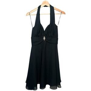 Celine Black Halter Plunge Neckline Embellishment Flowy Short Dress M Cocktail
